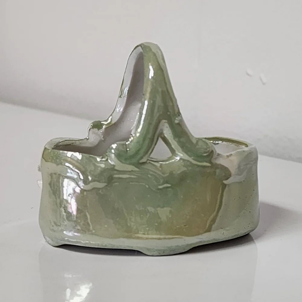 Vtg German Elfinware Porcelain Lusterware Green Miniature Rose Floral Basket